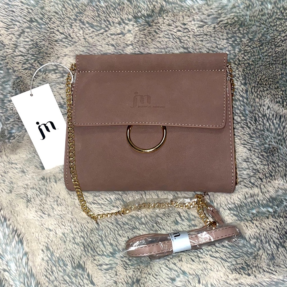 NWT Jessica Moore Suede Crossbody/Clutch with Gold Chain